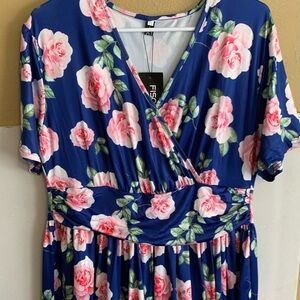 Navy Floral Wrap Maxi Dress with Pink Rose Print